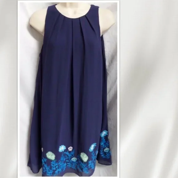 "LOFT" BLUE FLORAL EMBROIDERED SLEEVELESS BOHO SWING TRAPEZE DRESS SZE: 2P NWT - Picture 2 of 5